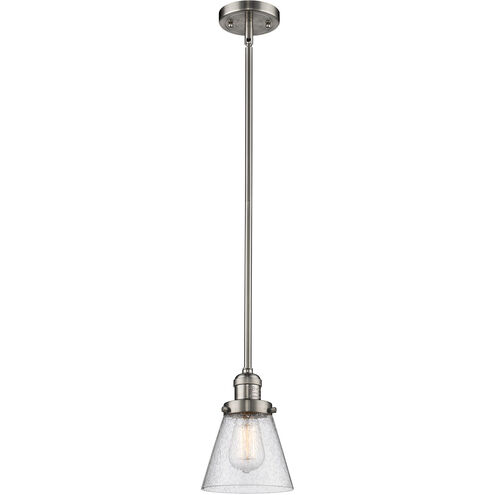 Franklin Restoration Small Cone LED 6 inch Brushed Satin Nickel Mini Pendant Ceiling Light in Seedy Glass, Franklin Restoration