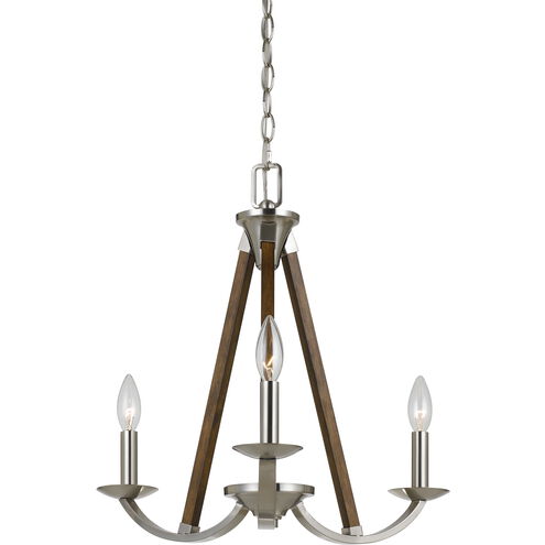 Monica 3 Light 20 inch Brushed Steel and Wood Chandelier Ceiling Light