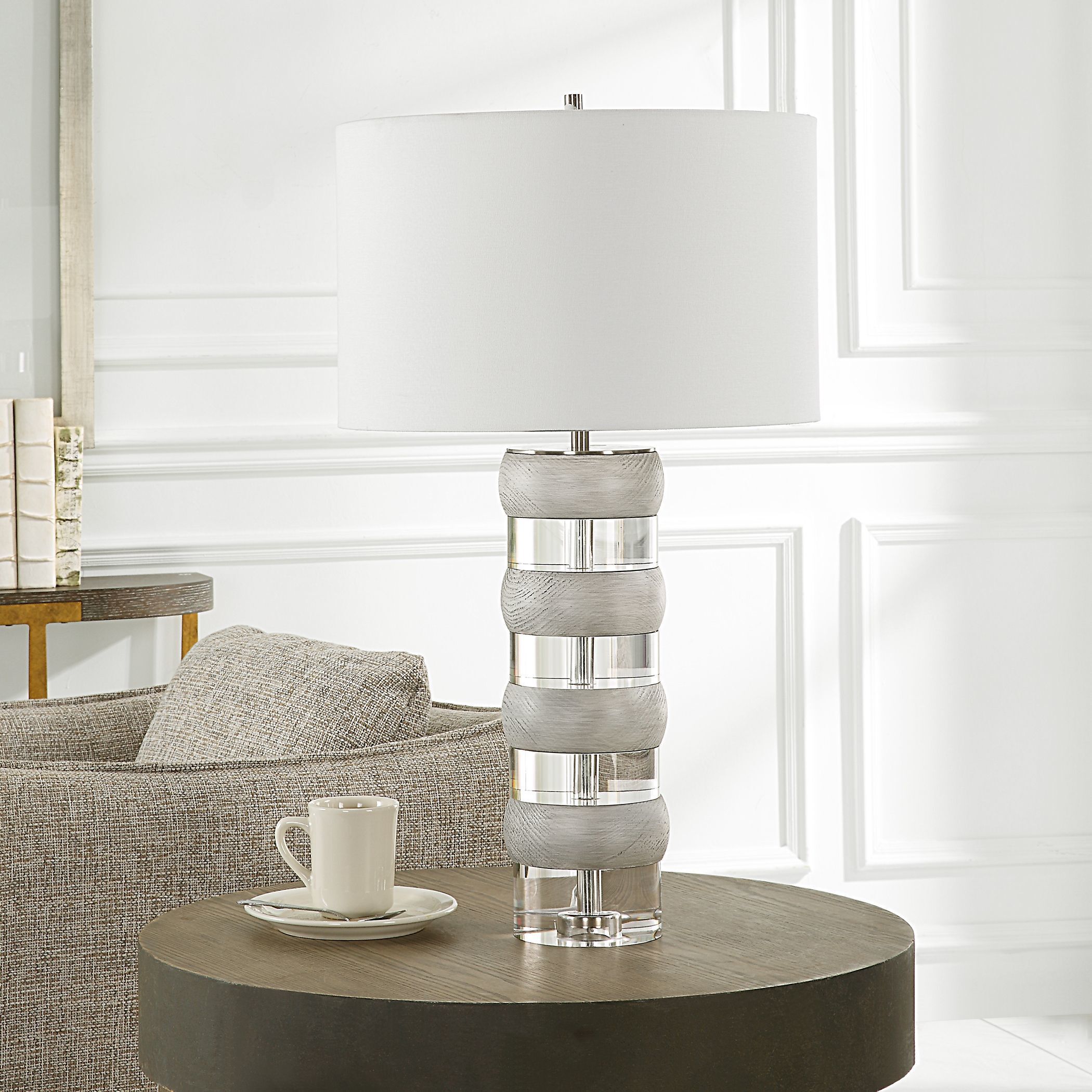 Band Together 28 inch 150 watt Crystal And Bleached Wood with Brushed Nickel Table Lamp Portable Light