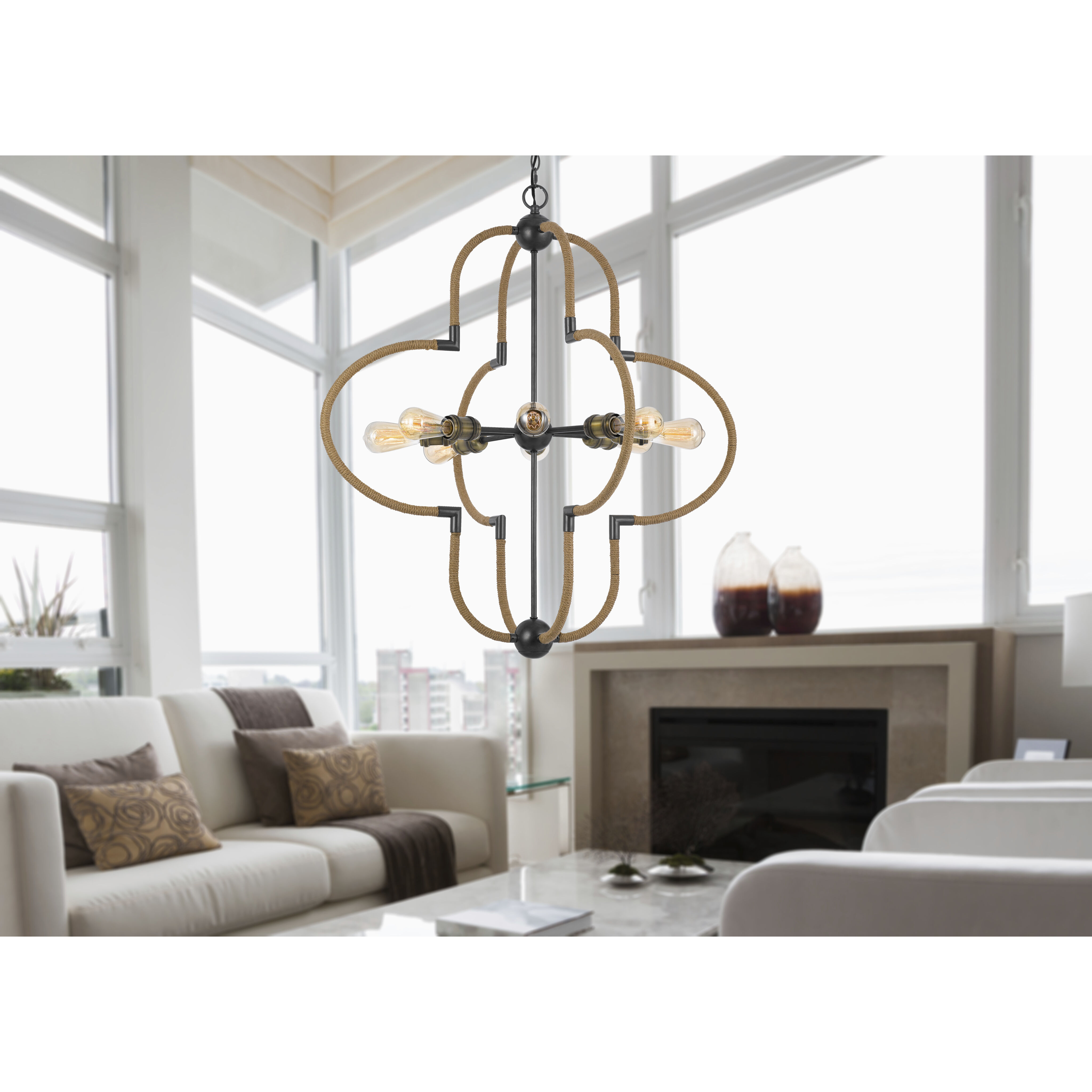 Tahoka 8 Light 36 inch Burlap and Black Iron and Antique Brass Chandelier Ceiling Light