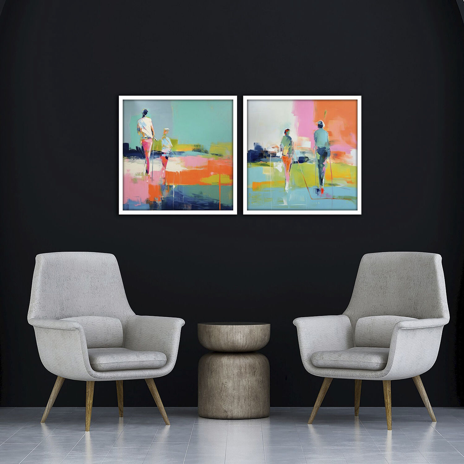 Golf Players Turquoise and Green and Pink and Orange Framed Art