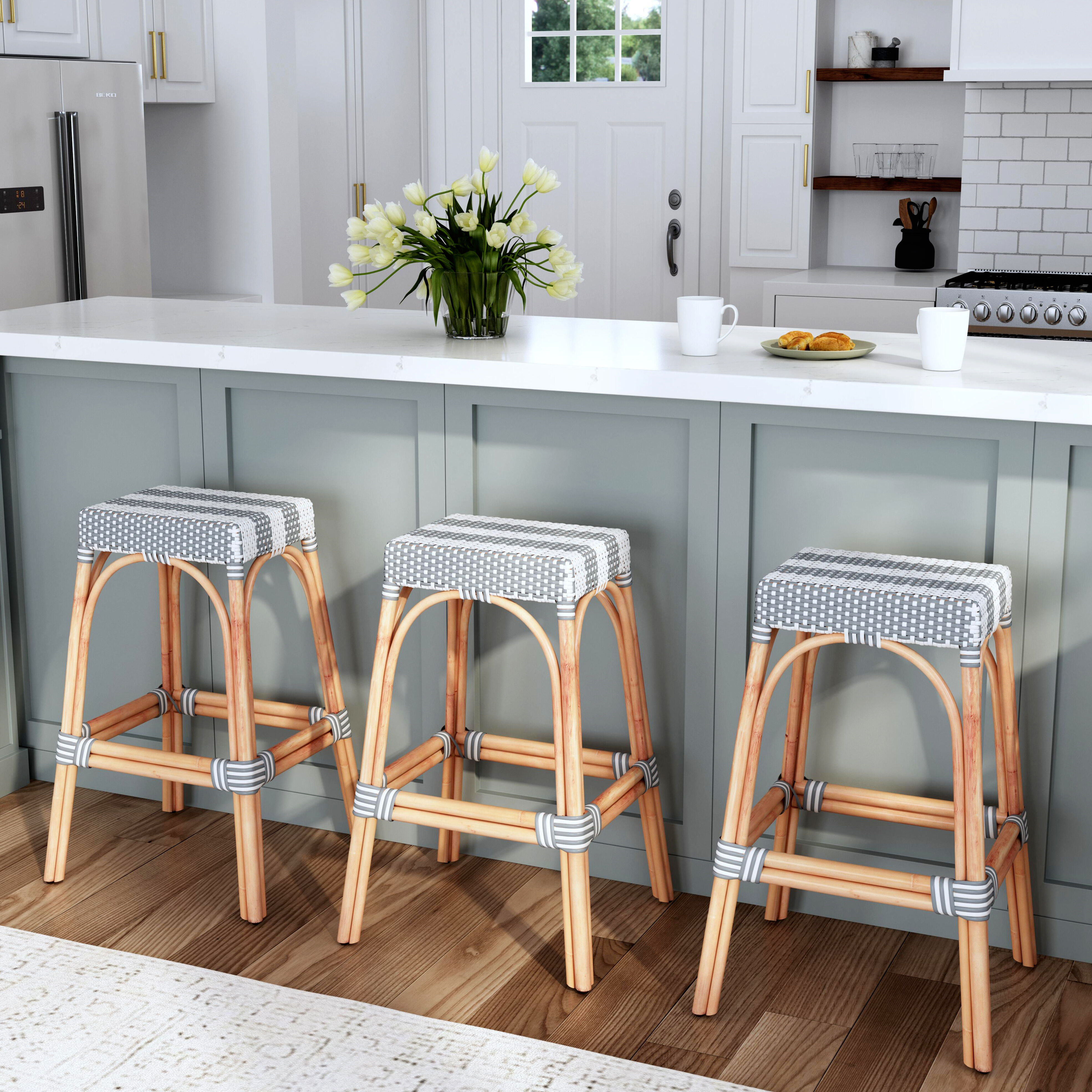 Robias Rectangular Rattan 30" Bar Stool in Gray and White Stripe