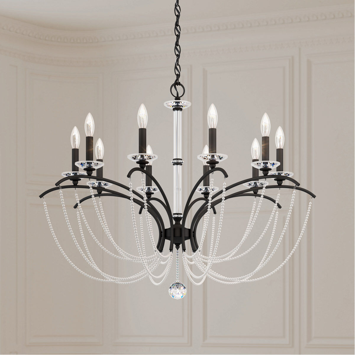 Priscilla 10 Light Black Chandelier Ceiling Light in White Pearl, Adjustable Height