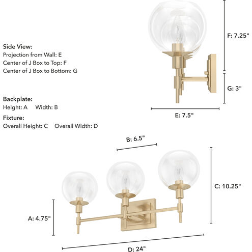Xidane 3 Light 24 inch Alturas Gold Vanity Light Wall Light