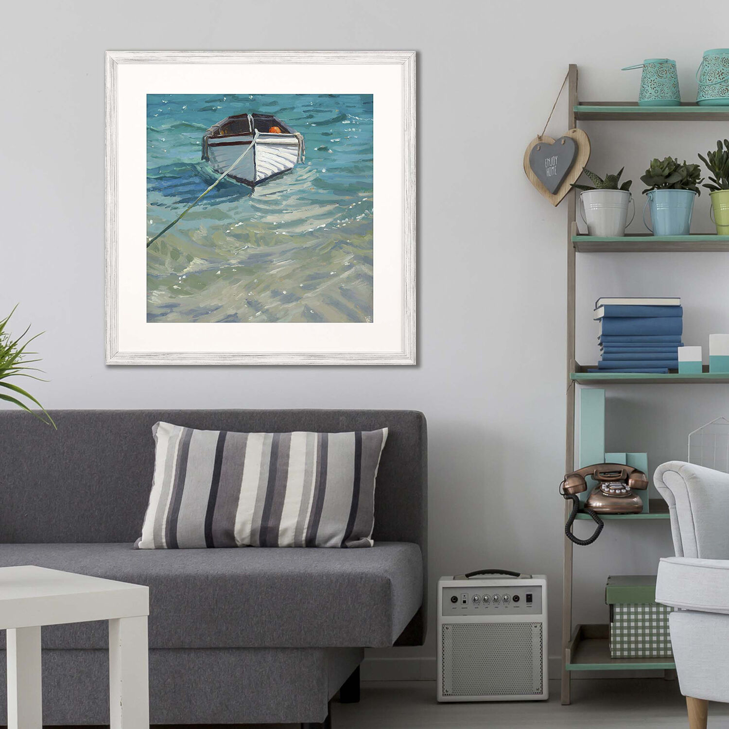 Boat and Buoy Ropes Boat and Buoys Blue and Green and Orange and White Framed Art