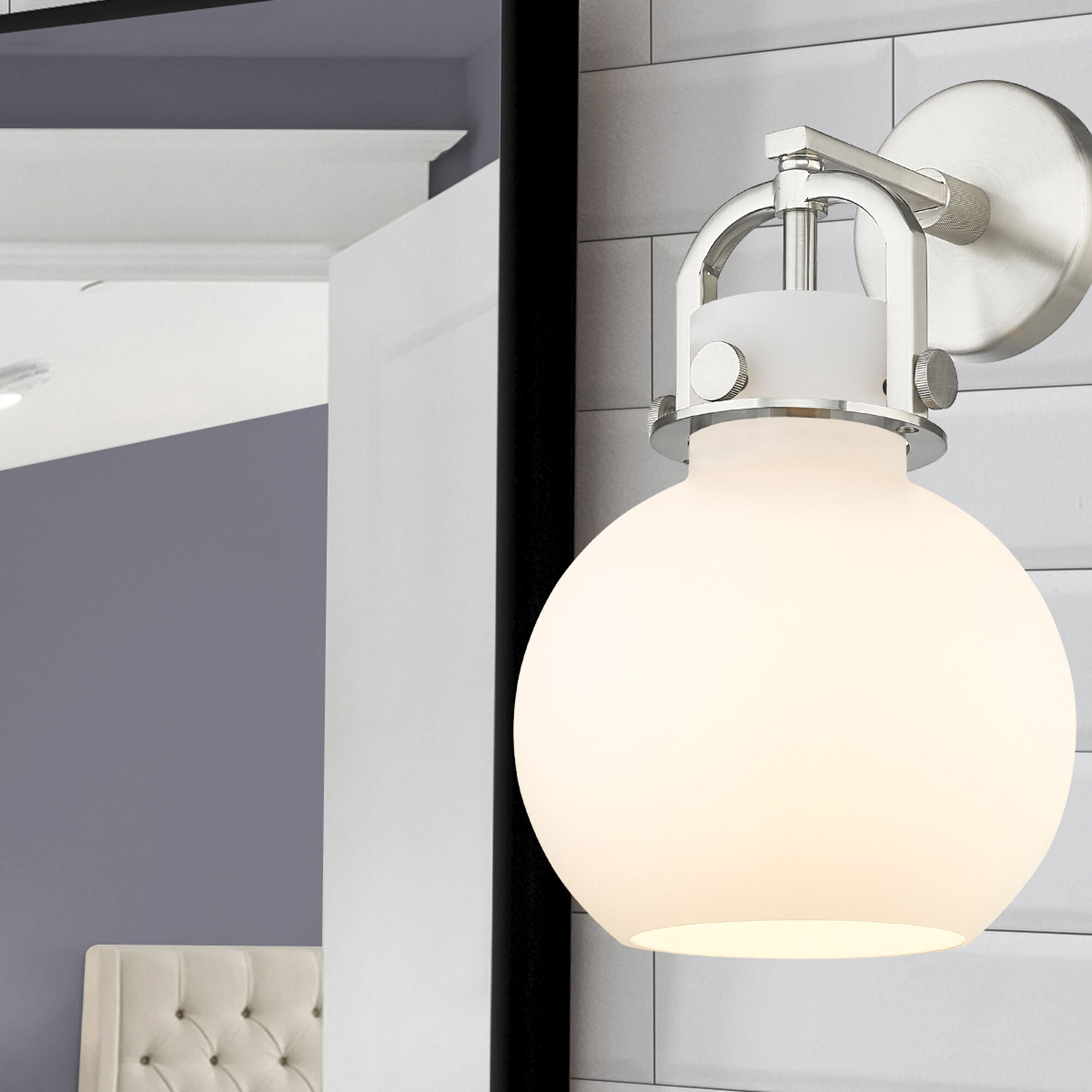 Newton Sphere Sconce Wall Light in Satin Nickel, Matte White Glass