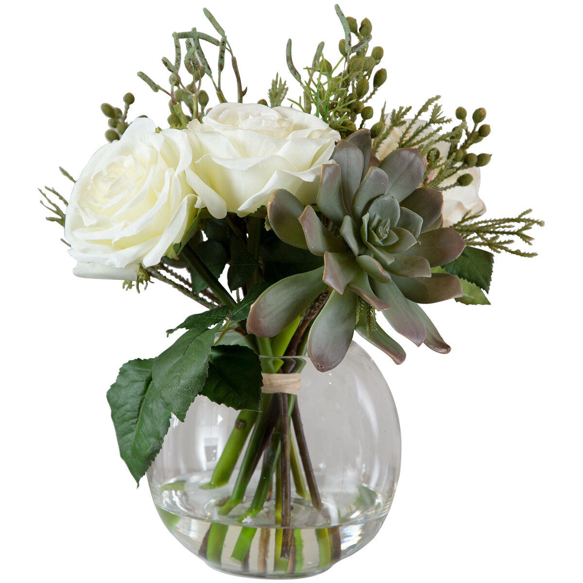 Belmonte Green and Cream with Clear Glass Floral Bouquet and Vase
