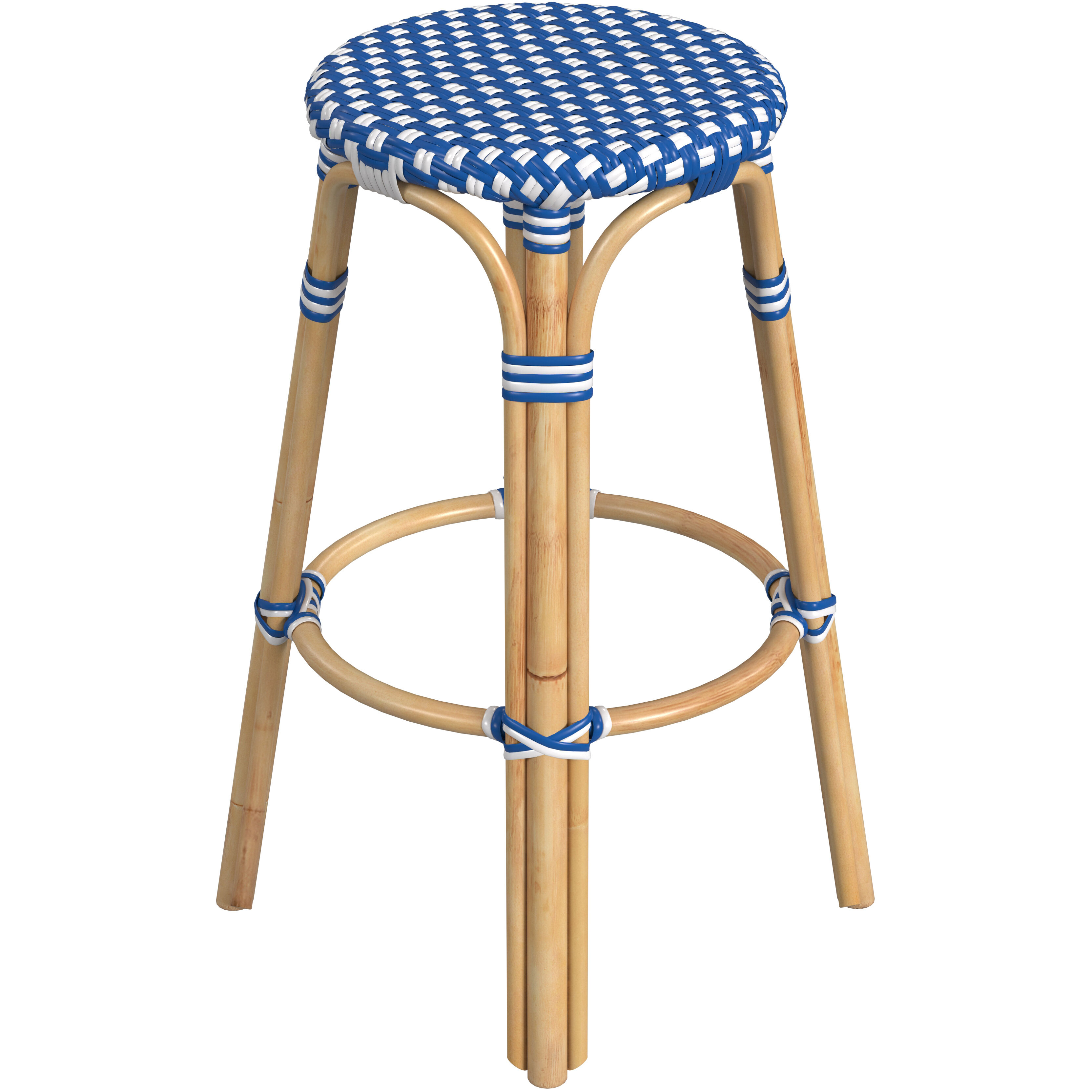 Tobias Round Rattan 30" Bar Stool in Blue and White Dot