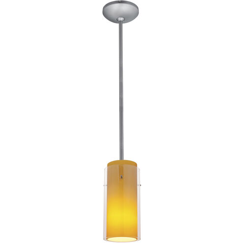 Glassn Glass Cylinder LED 4.5 inch Brushed Steel Pendant Ceiling Light in Clear Outer Amber Inner