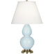 Small Double Gourd 22.75 inch 150.00 watt Baby Blue Glazed Ceramic with Antique Natural Brass Accent Lamp Portable Light in Pearl Dupioni
