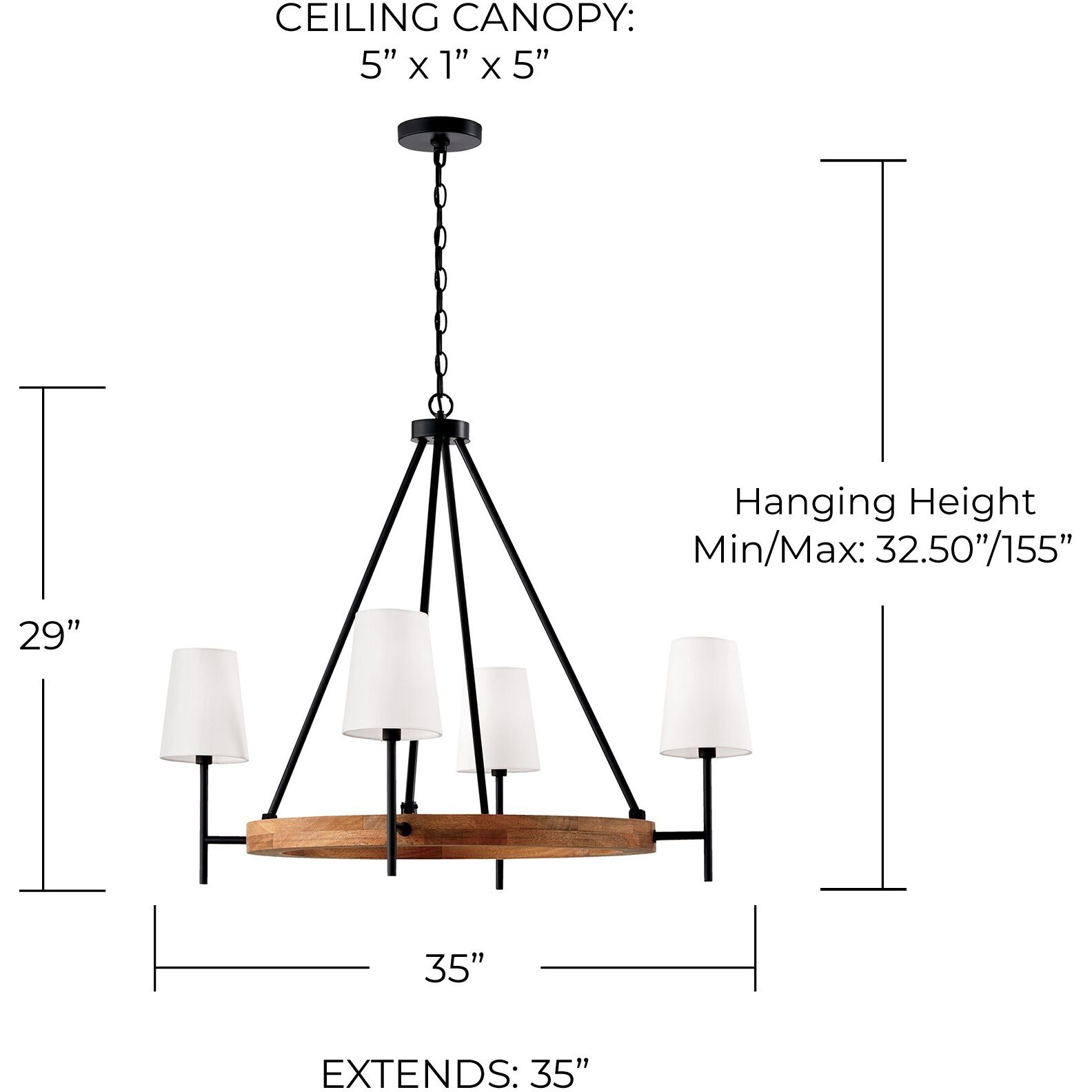 Jonah 4 Light 35 inch Light Wood and Matte Black Chandelier Ceiling Light