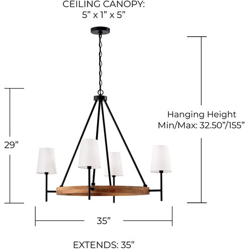 Jonah 4 Light 35 inch Light Wood and Matte Black Chandelier Ceiling Light