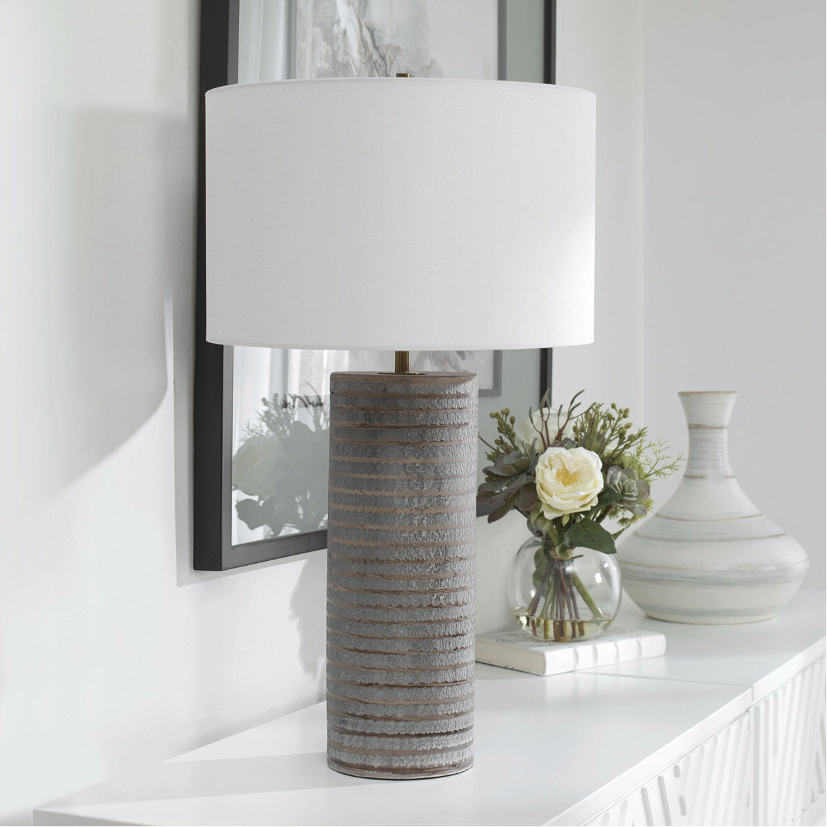 Monolith 29 inch 150.00 watt Frosted Pewter Gray and Antique Brass Table Lamp Portable Light