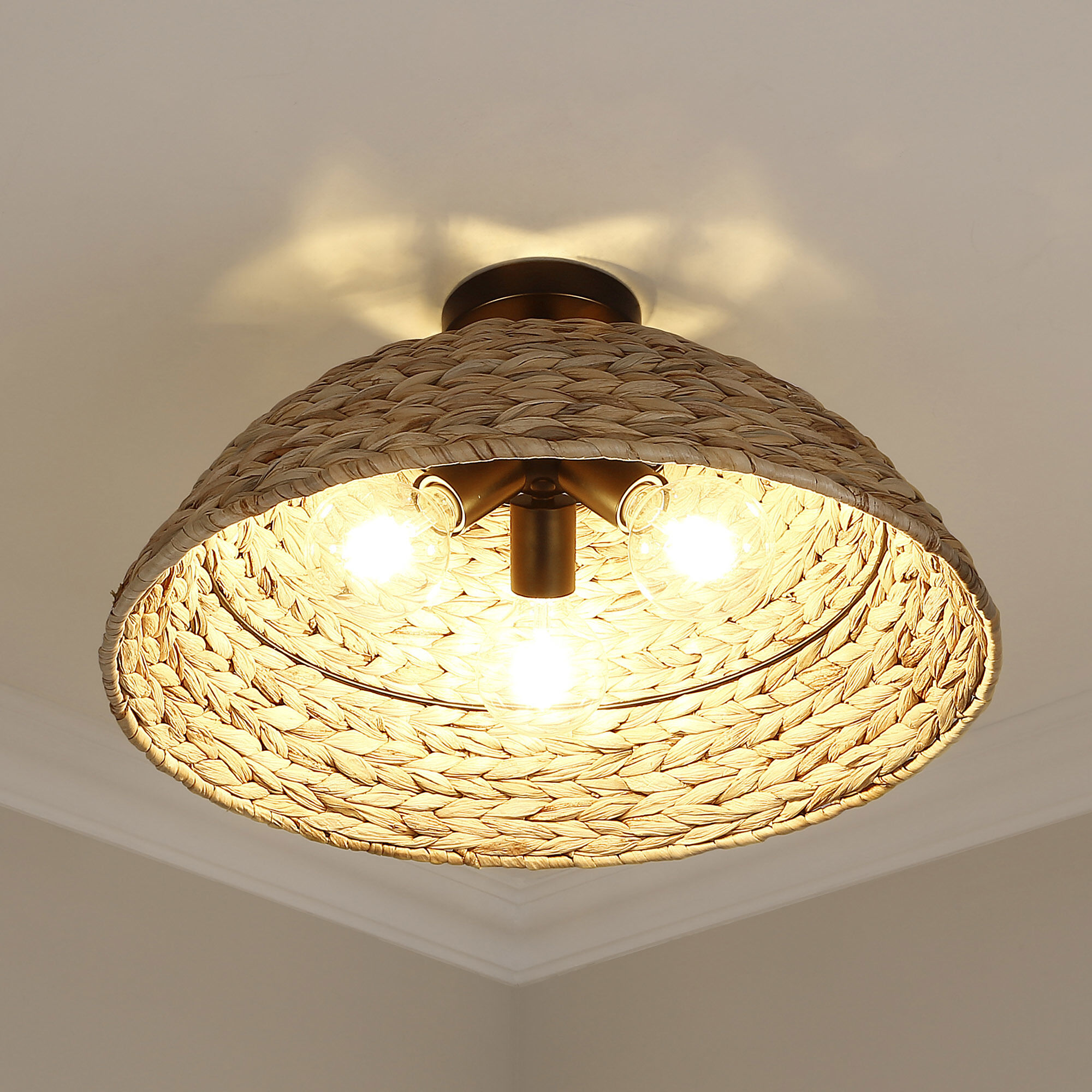 Rue 3 Light 18.75 inch Matte Black Semi-Flush Mount Ceiling Light in Woven Sweet Grass