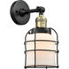 Franklin Restoration Small Bell Cage LED 5 inch Black Antique Brass Semi-Flush Mount Ceiling Light in Matte White Glass, Franklin Restoration