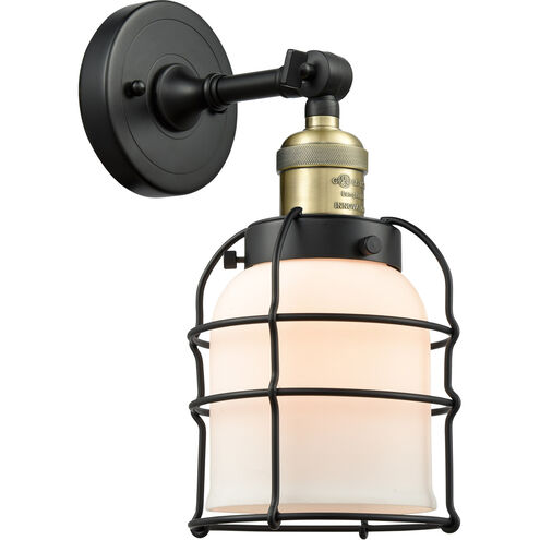 Franklin Restoration Small Bell Cage LED 5 inch Black Antique Brass Semi-Flush Mount Ceiling Light in Matte White Glass, Franklin Restoration