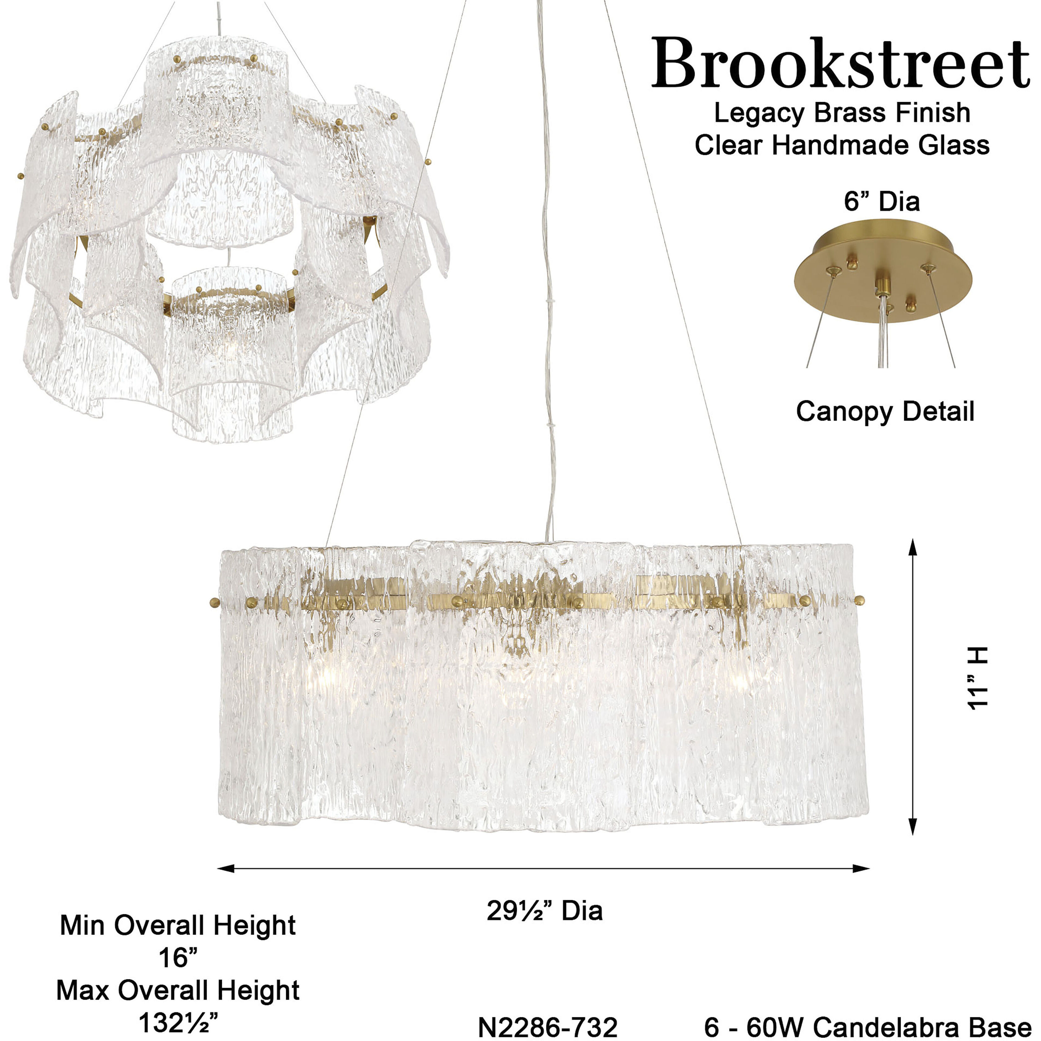Brookstreet 6 Light 29.5 inch Legacy Brass Pendant Ceiling Light in Clear Handmade Glass