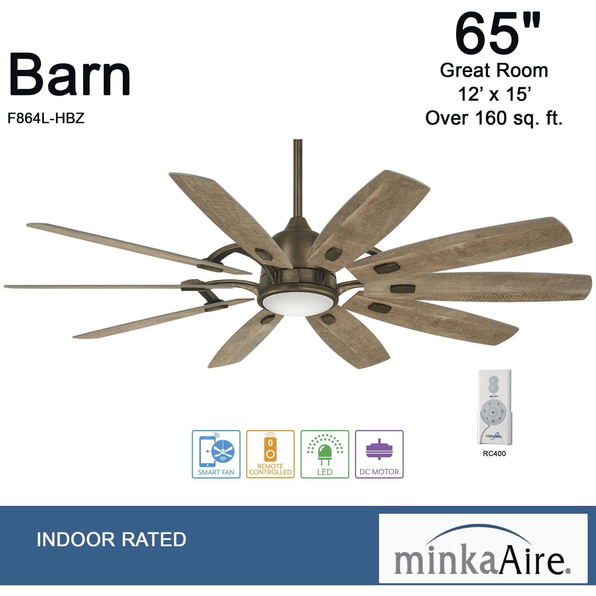 Minka-Aire F864L-HBZ Barn 65 inch Barnwood Ceiling Fan in Heirloom