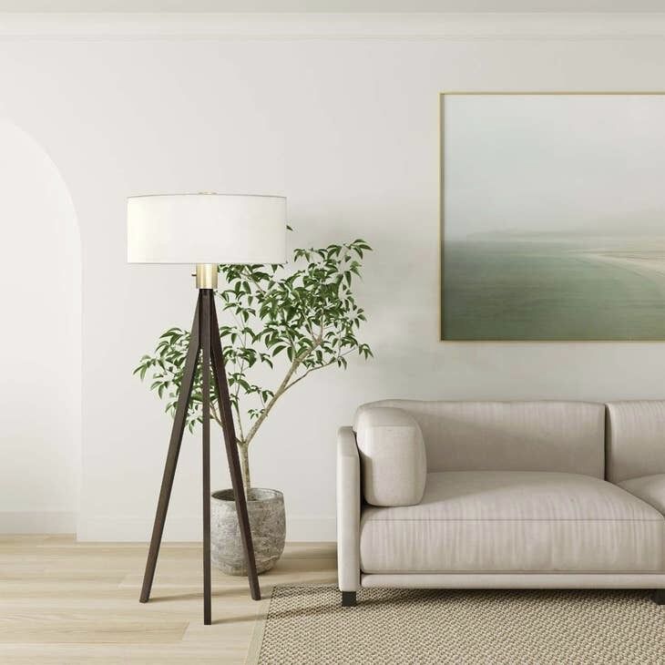 Tripod 58 inch 60.00 watt Pecan and Brushed Nickel Floor Lamp Portable Light