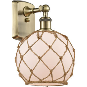 Ballston Farmhouse Rope LED 8 inch Antique Brass Sconce Wall Light in White Glass with Brown Rope, Ballston