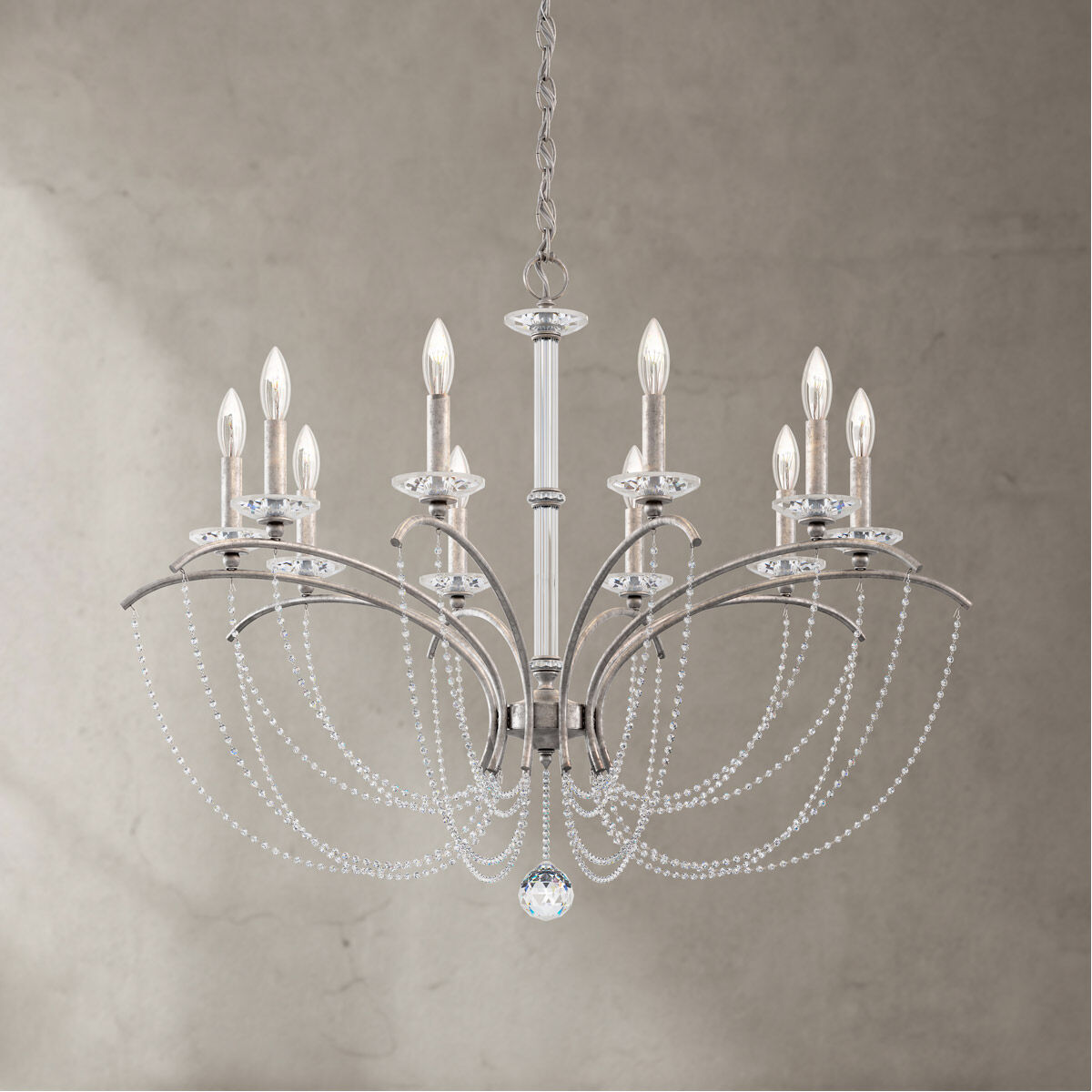 Priscilla 10 Light Antique Silver Chandelier Ceiling Light in Optic, Adjustable Height