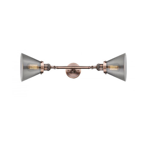 Franklin Restoration Large Cone 2 Light 8 inch Antique Copper Bath Vanity Light Wall Light in Plated Smoke Glass, Franklin Restoration