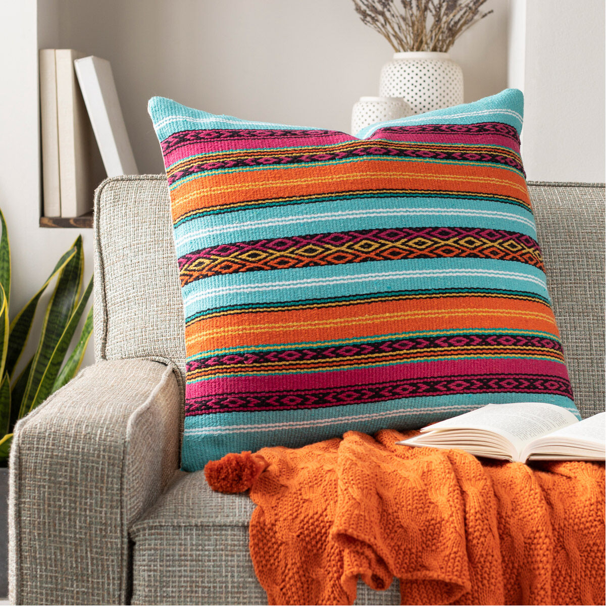 Toluca 20 X 20 inch Aqua/Beige/Bright Orange/Bright Pink/Black Pillow Cover, Square