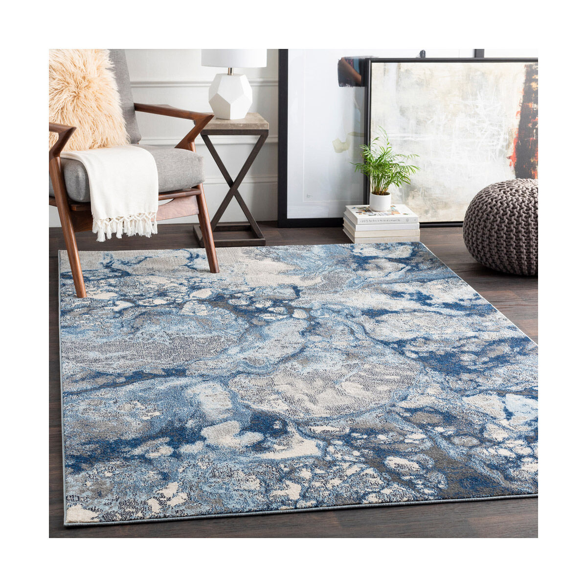 Aberdine 90 X 62 inch Bright Blue/Navy/Medium Gray/Pale Blue/Cream/Black Rugs in 5 x 8, Rectangle
