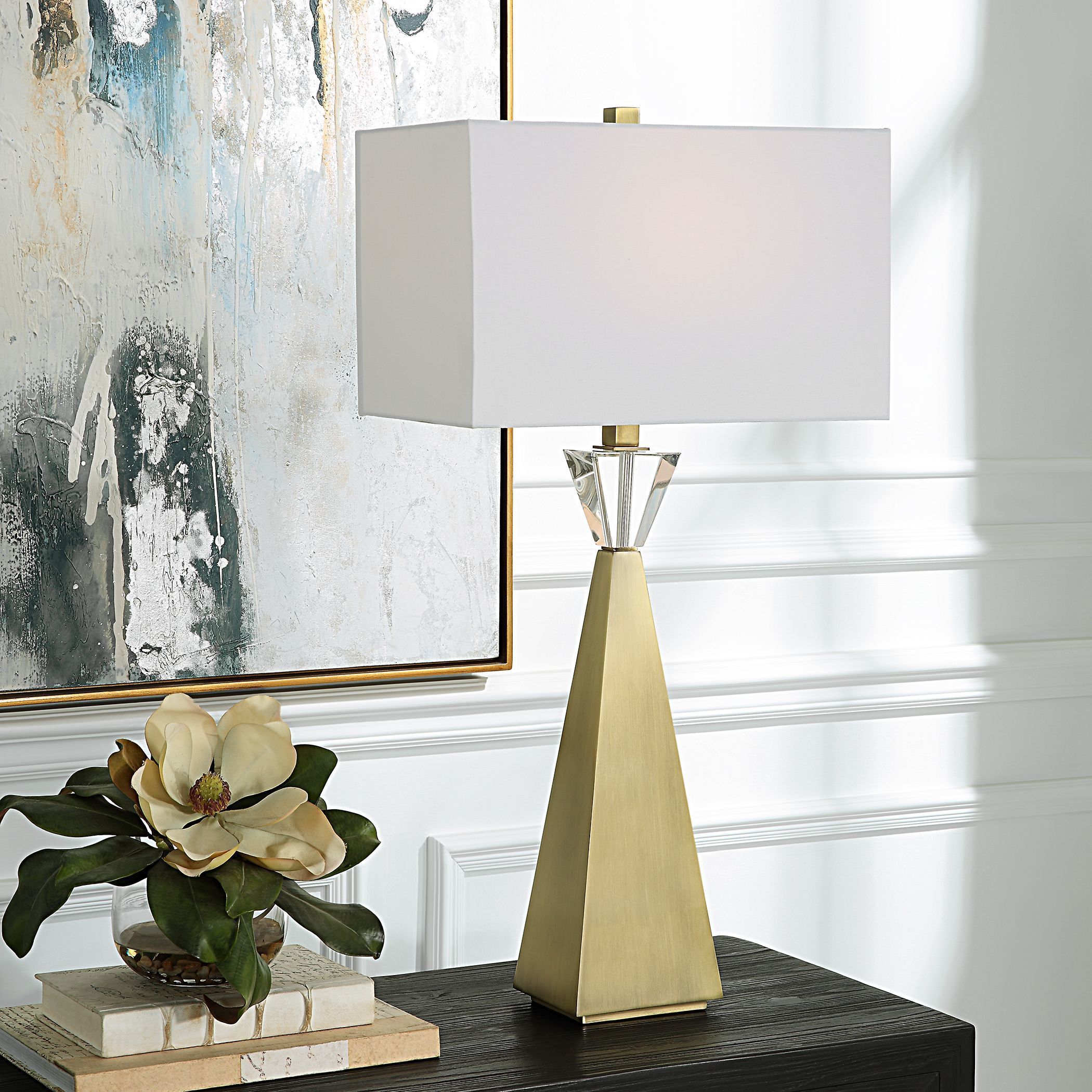 Uttermost 30244 Arete 31.75 inch 150 watt Plated Antique Brass and Crystal Table Lamp Portable Light