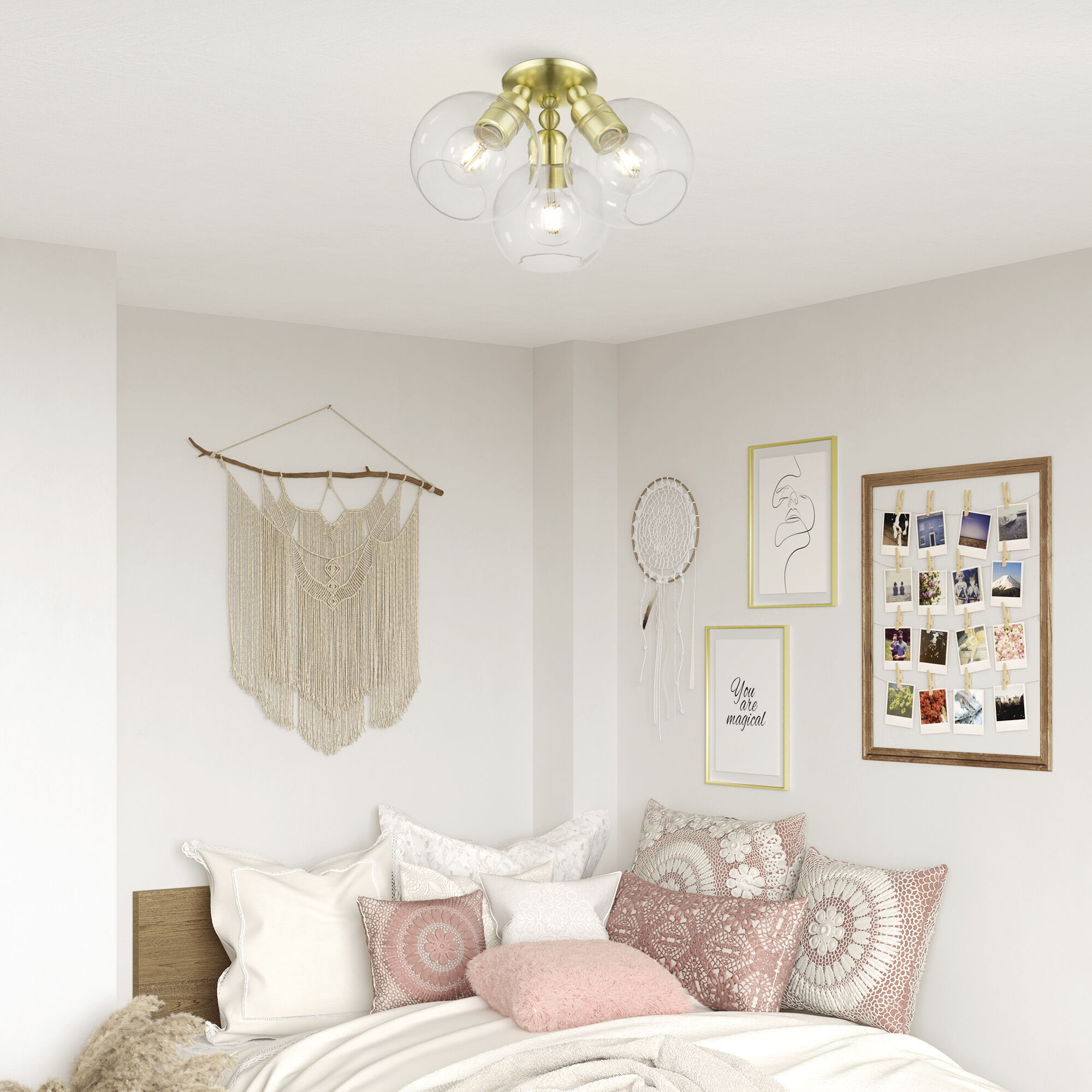 Downtown 3 Light 16 inch Satin Brass Semi-Flush Ceiling Light, Sphere