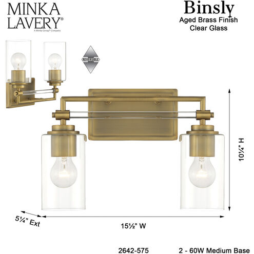 Binsly 2 Light 15.63 inch Aged Brass Bath Vanity Wall Light