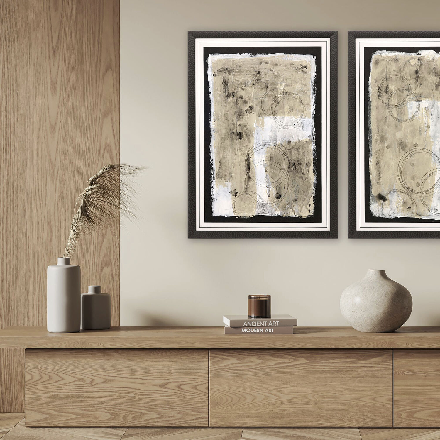 Balancing Act White and Black and Metallic and Beige Framed Art, The Studio