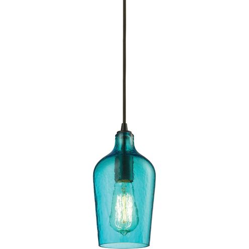 Hammered Glass 1 Light 5 inch Oil Rubbed Bronze Mini Pendant Ceiling Light in Hammered Aqua Glass