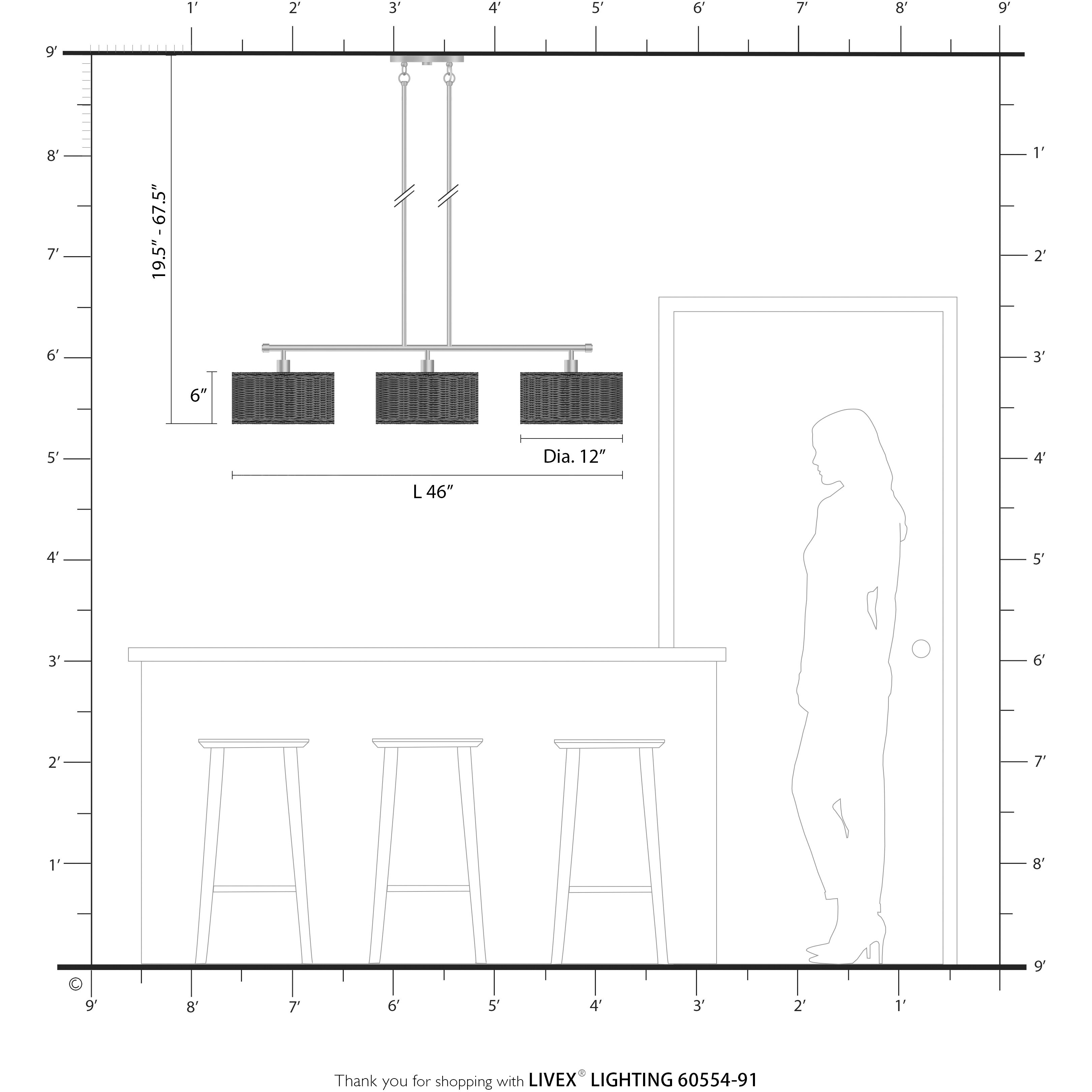 Weavington 3 Light 46 inch Brushed Nickel Linear Chandelier Ceiling Light, Extra Large