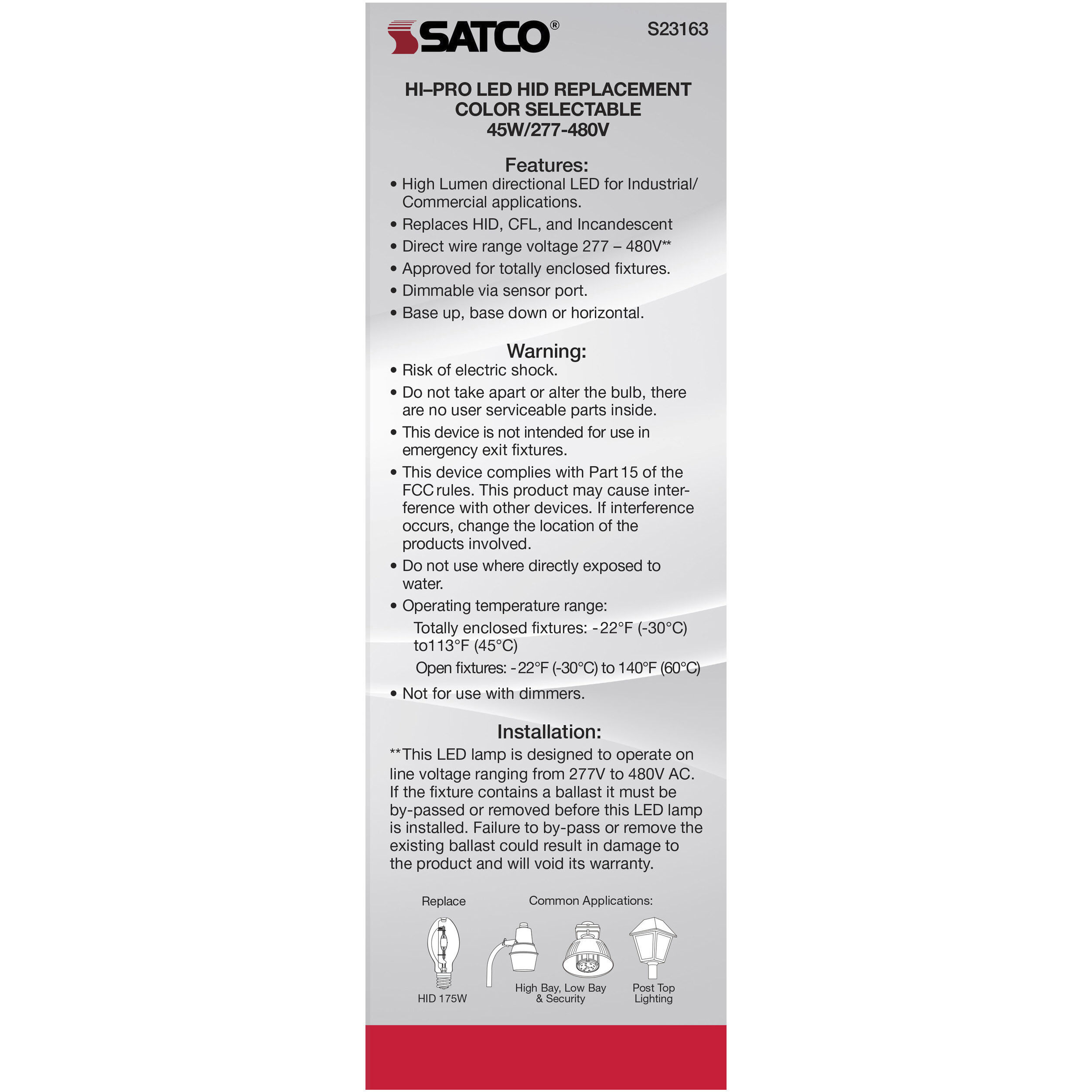 Lumos LED Medium 45 watt 277-480 3000K/4000K/5000K HID Replacements, HID Replacements