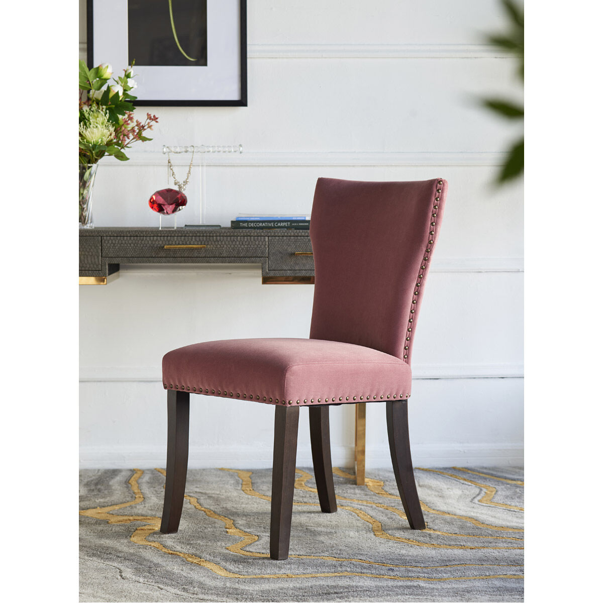 A B Home 48581 PINK Upholstered Dark Brown Brass Dining Chair