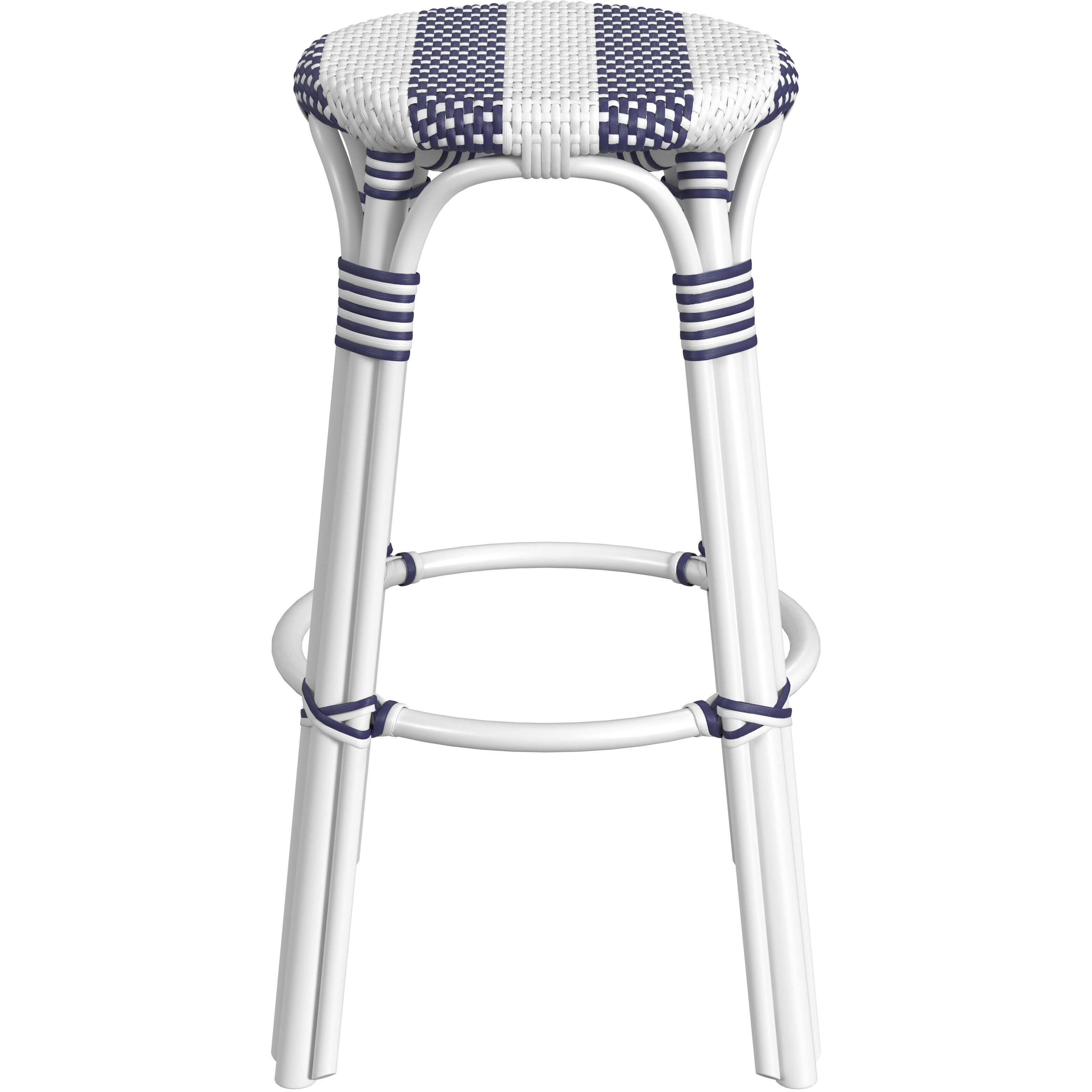Tobias Round Rattan 30" Bar Stool in White and Navy Stripe