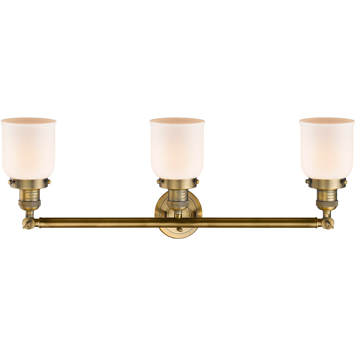Franklin Restoration Small Bell 3 Light 30 inch Brushed Brass Bath Vanity Light Wall Light in Matte White Glass, Franklin Restoration