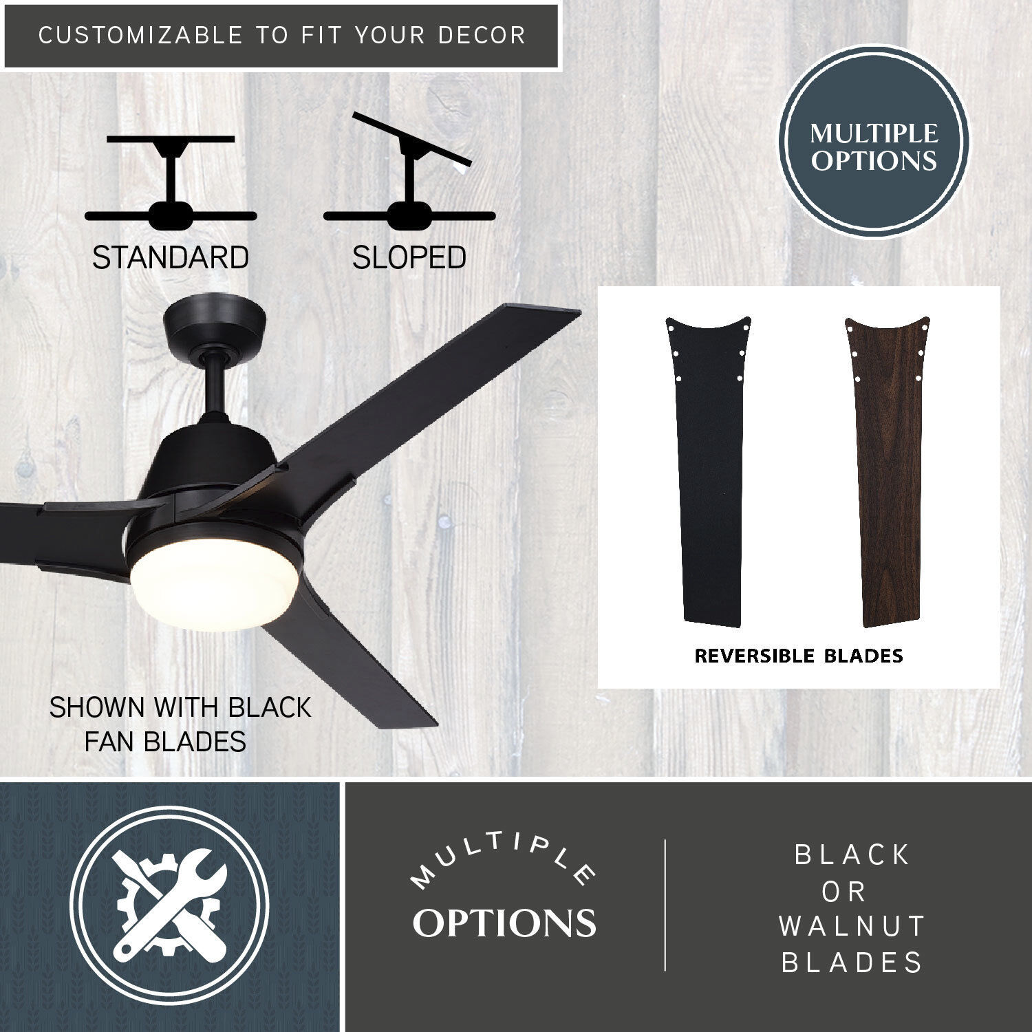 Crescent 22 inch Black with Black-Walnut Blades Ceiling Fan