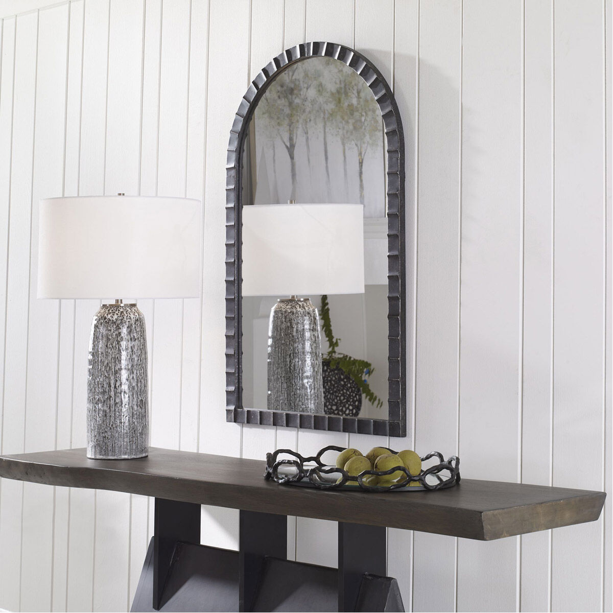 Dandridge 39 X 24 inch Distressed Matte Black with Silver Undertones Arch Wall Mirror