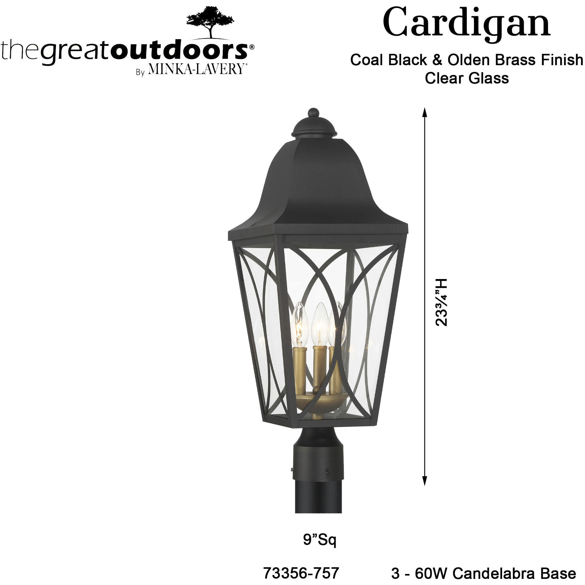 Cardigan 3 Light 23.75 inch Sand Coal and Olden Brass Outdoor Post Lantern, Great Outdoors
