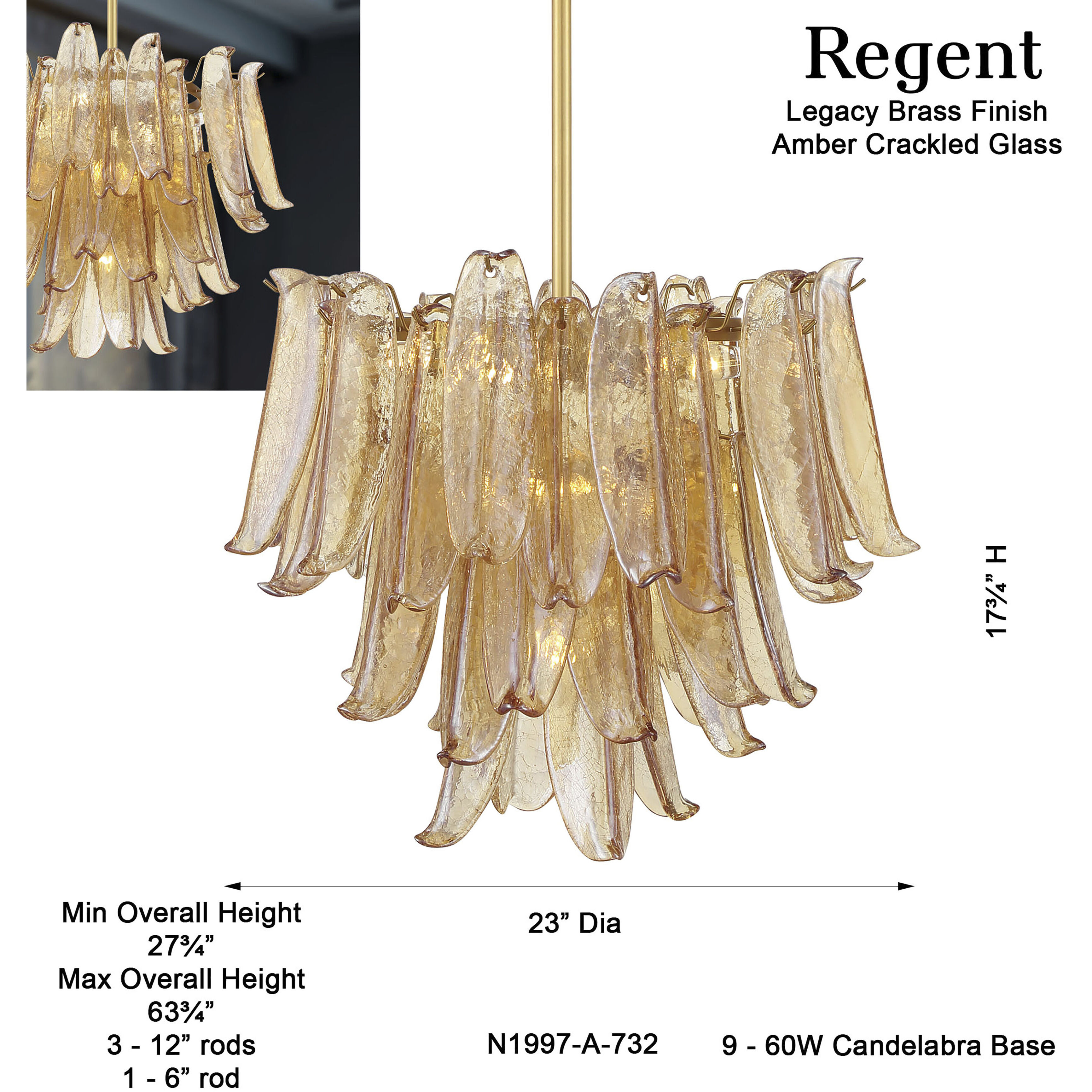 Regent 9 Light 23 inch Legacy Brass Chandelier Ceiling Light in Amber Crackled Glass