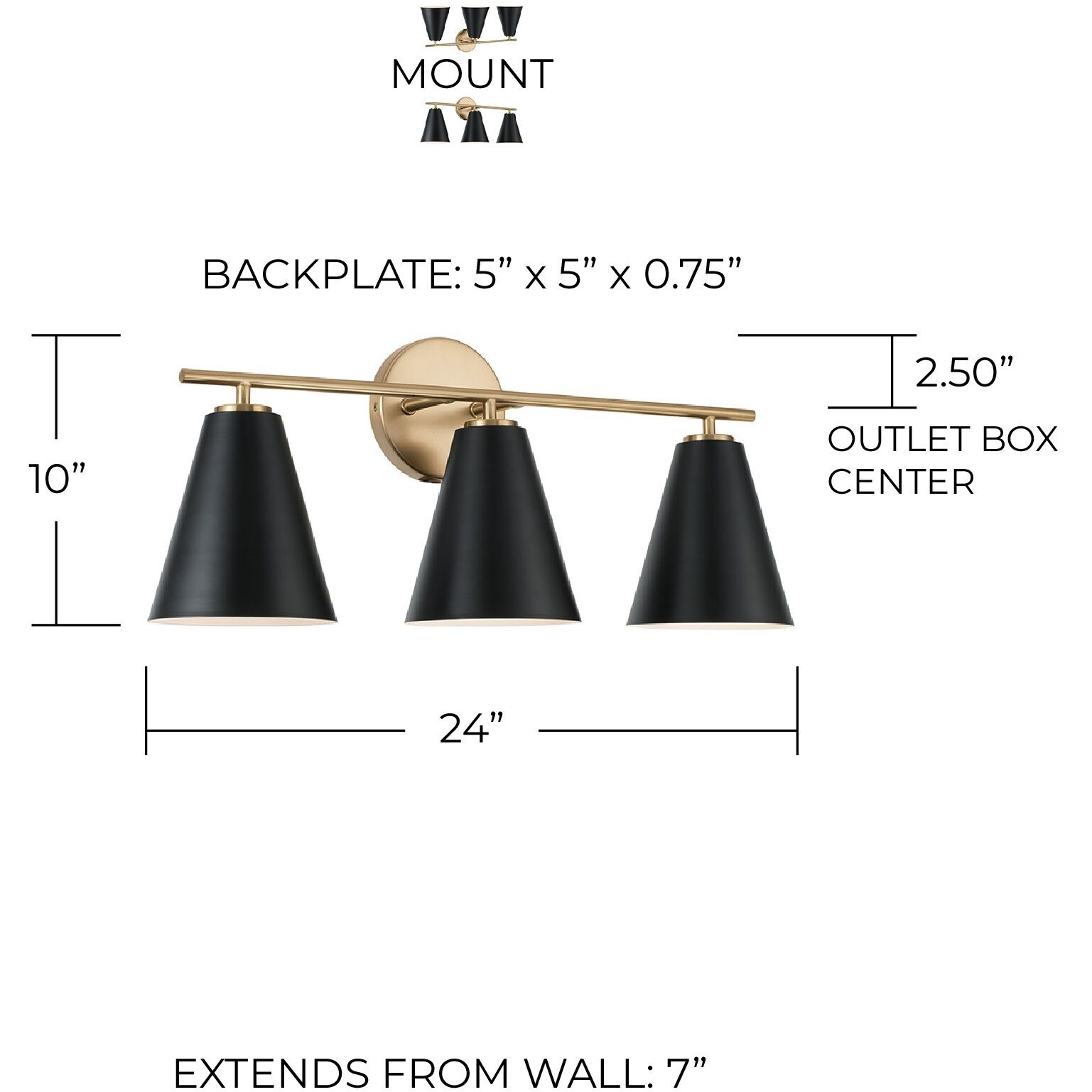 Charlie 3 Light 24 inch Matte Brass Vanity Light Wall Light in Matte Black with White Interior