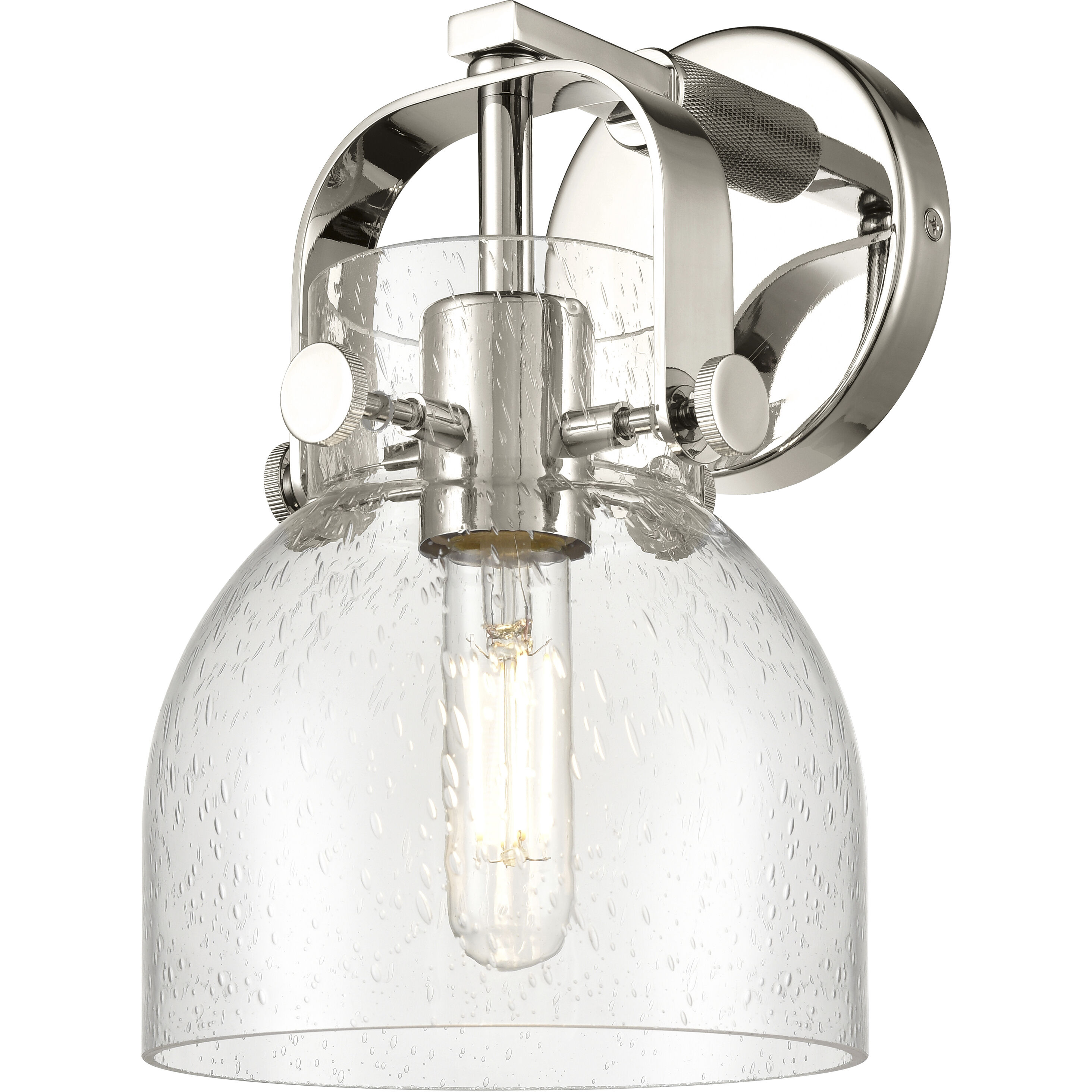 Pilaster II Bell Sconce Wall Light in Polished Nickel, Seedy Glass