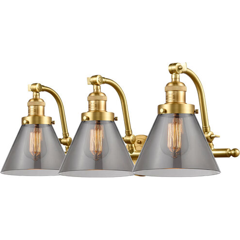 Franklin Restoration Large Cone 3 Light 28 inch Satin Gold Bath Vanity Light Wall Light in Plated Smoke Glass, Franklin Restoration