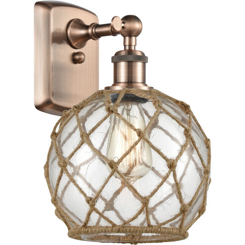 Ballston Farmhouse Rope LED 8 inch Antique Copper Sconce Wall Light in Clear Glass with Brown Rope, Ballston