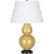 Double Gourd 31 inch 150.00 watt Sunset Yellow Glazed Ceramic with Deep Patina Bronze Table Lamp Portable Light in Pearl Dupioni