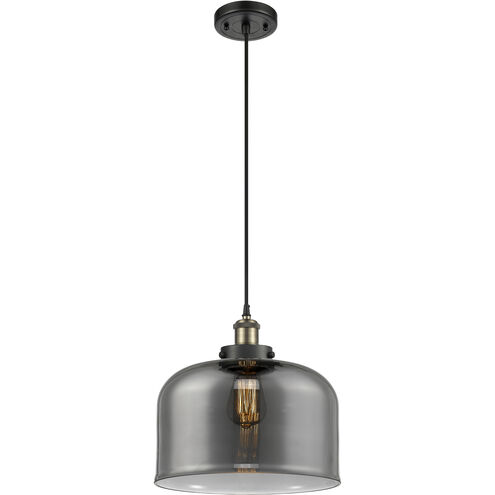 Ballston X-Large Bell LED 12 inch Black Antique Brass Mini Pendant Ceiling Light in Plated Smoke Glass, Black Textured
