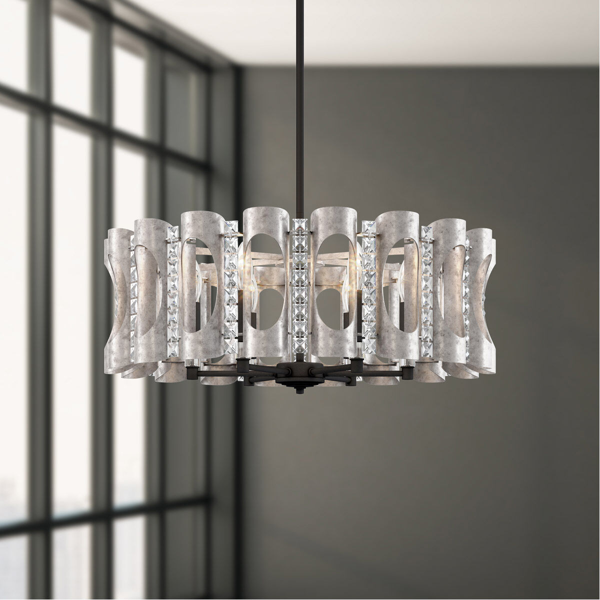 Twilight 6 Light Antique Silver Pendant Ceiling Light, Adjustable Height
