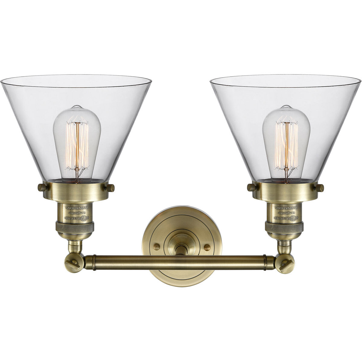 Franklin Restoration Large Cone LED 18 inch Antique Brass Bath Vanity Light Wall Light in Clear Glass, Franklin Restoration